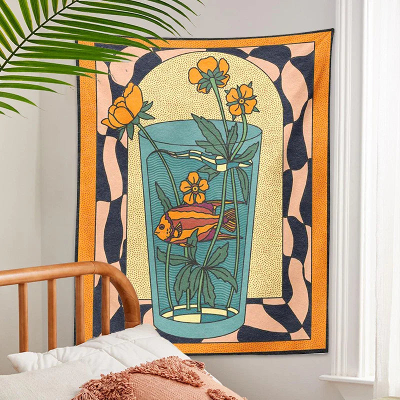 Afralia™ Psychedelic Vase Goldfish Flower Tapestry Wall Hanging Vintage Inspired Decor