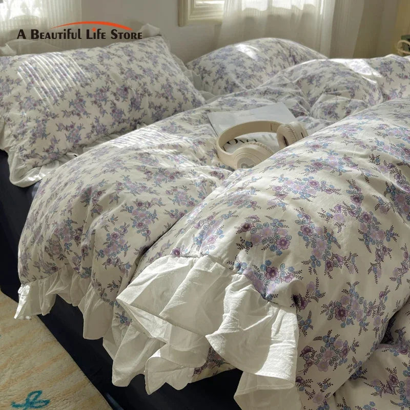 Afralia™ Small Floral Lace Ruffles Princess Bedding Set with Vintage Charm