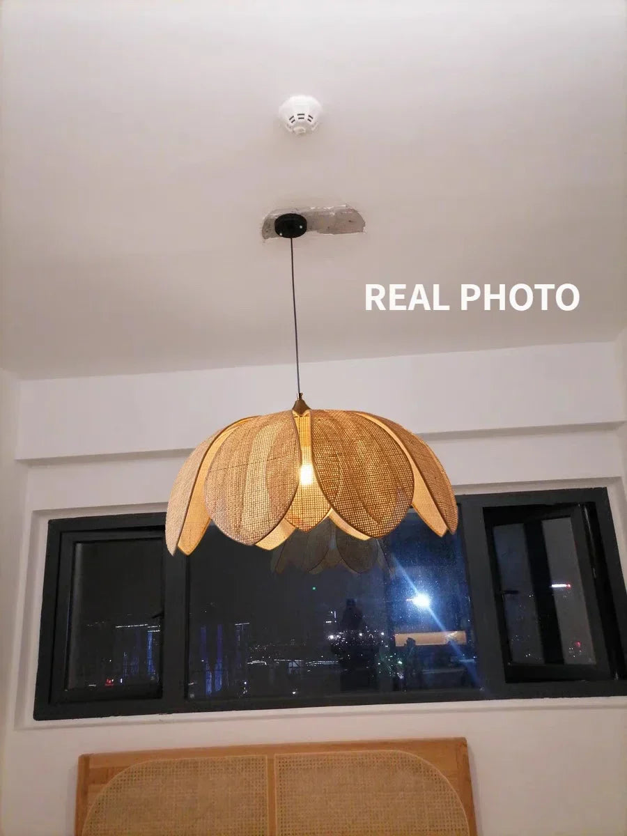 Afralia™ Wabi Sabi Rattan Pendant Lights for Dining Room - Petal Design LED Droplight