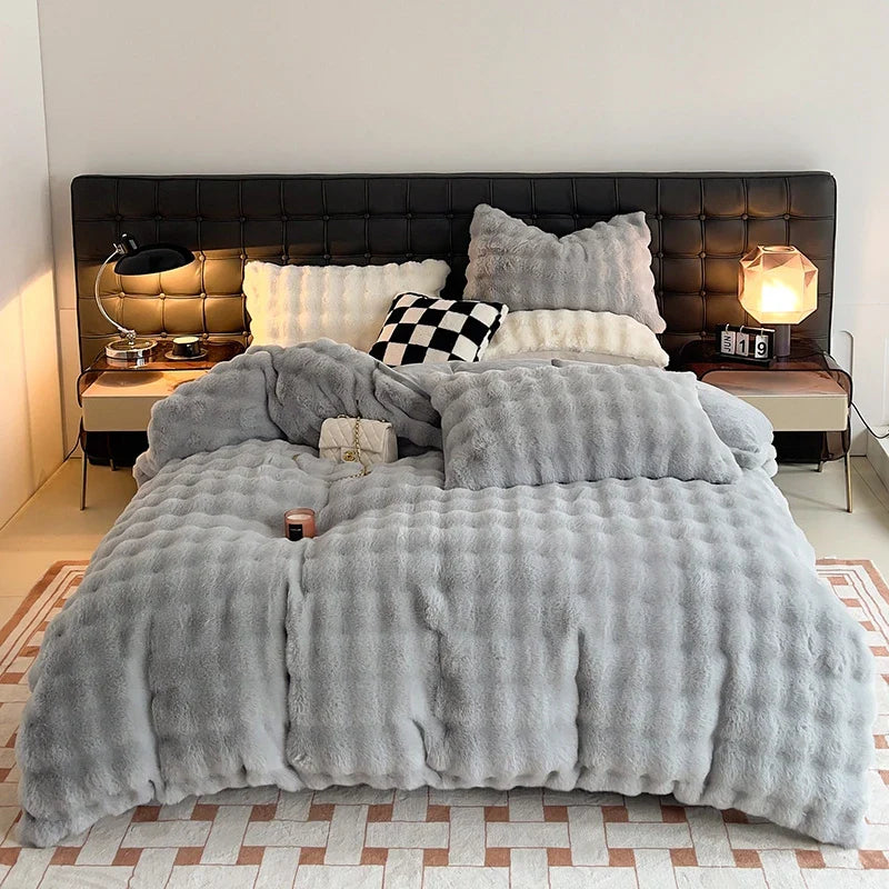 Afralia™ Plush Shaggy Faux Rabbit Fur Bedding Set: Duvet Cover, Bed Sheet, Pillowcases