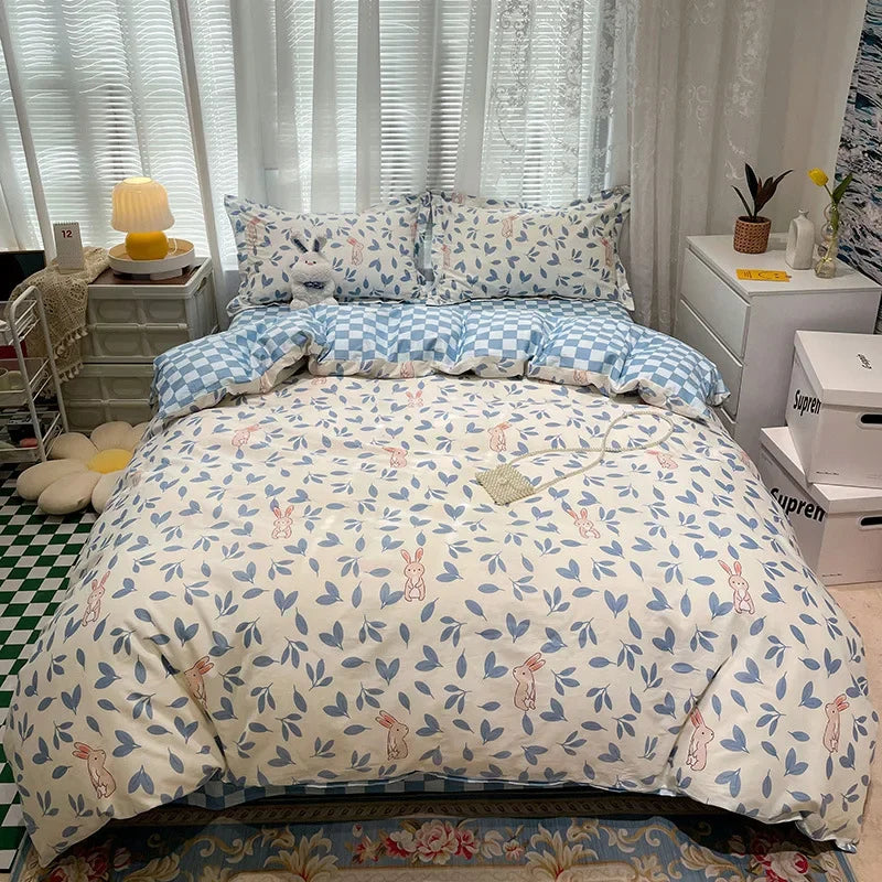 Afralia™ Flowers Print Cotton King Size Bedding Set, Soft & Comfortable Duvet Cover Set