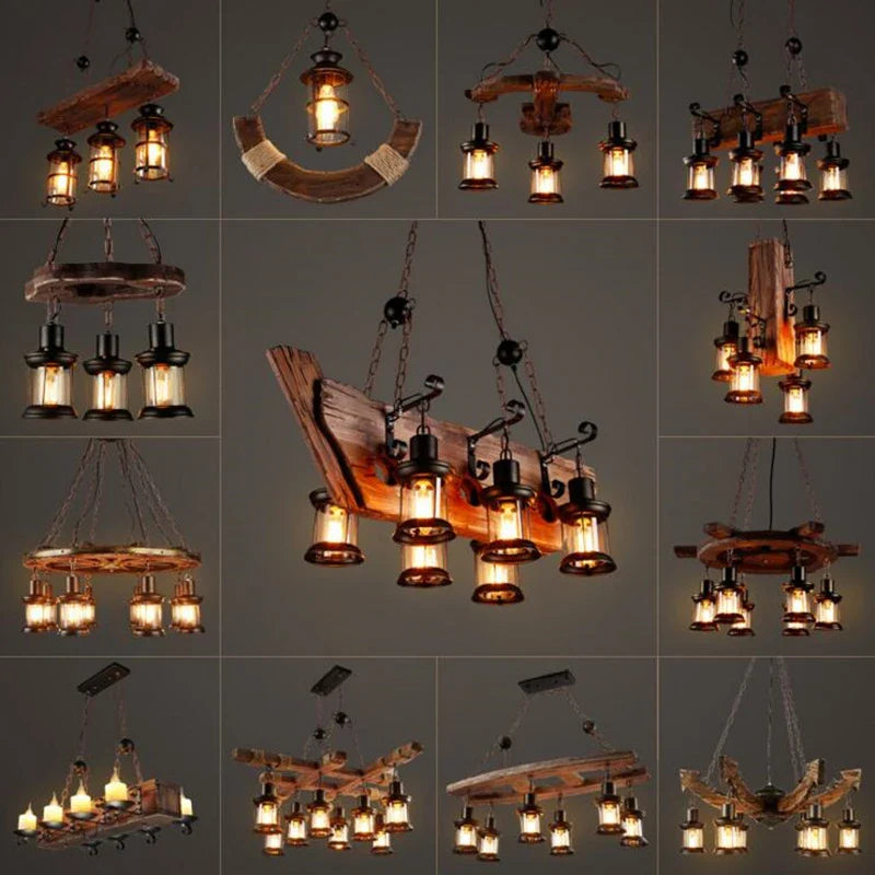 Afralia™ Retro Wood E27 LED Ceiling Chandelier: Antique Industrial Bar Pendant Lights for Vintage Ambiance