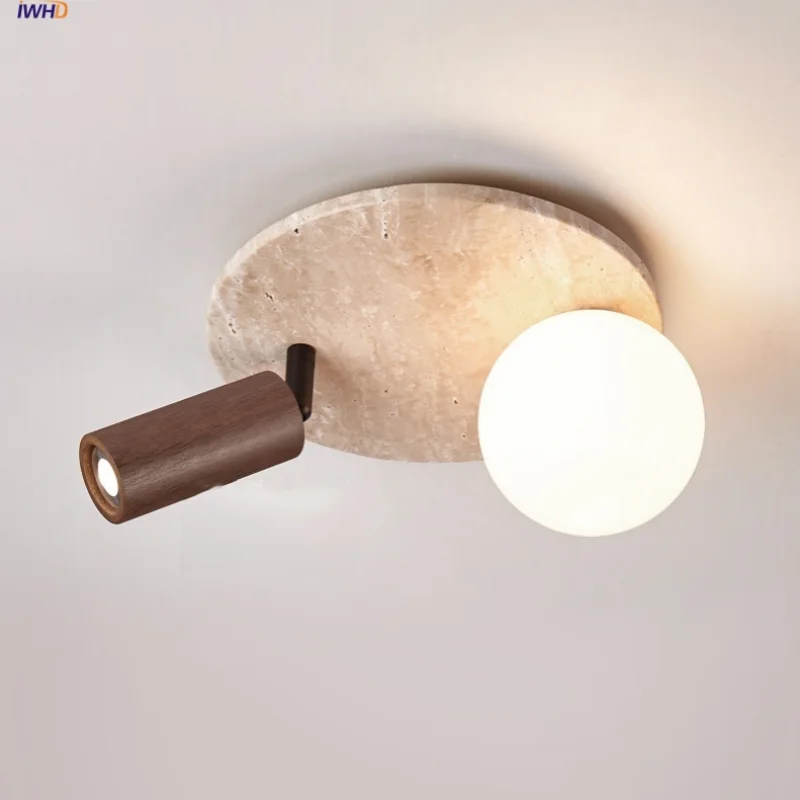 Afralia™ LED Rotatable Ceiling Lamp White Glass Yellow Travertine Wood Nordic Modern