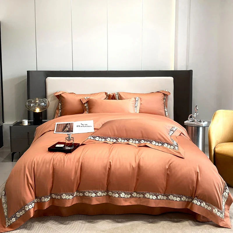 Afralia™ Luxury Egyptian Cotton Flowers Duvet Cover Set, Champagne Grey, Orange