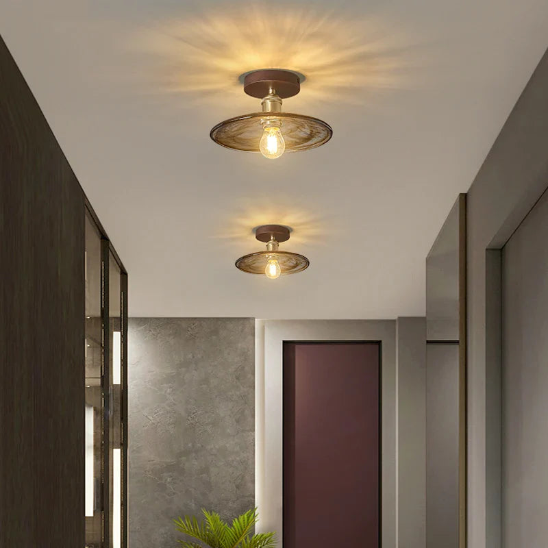 Afralia™ Amber Glass LED Ceiling Light: Modern Aluminum Wood Kitchen Balcony Room Lamp