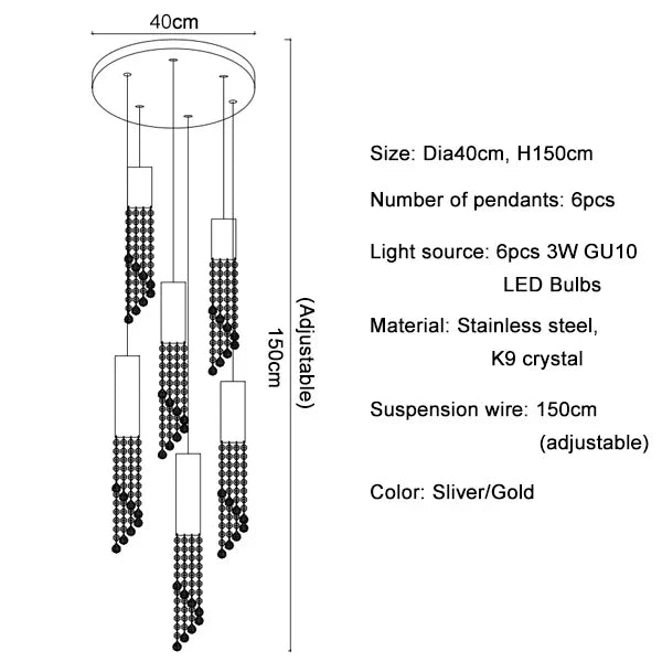 Afralia™ Long Crystal Beads Pendant Chandelier for Indoor Decorative Staircase Lighting