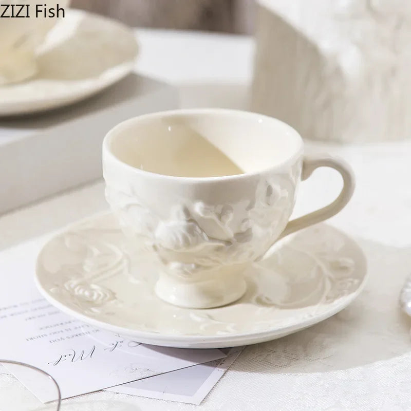 Afralia™ White Floral Ceramic Cup & Saucer Set for Elegant Dining Experience