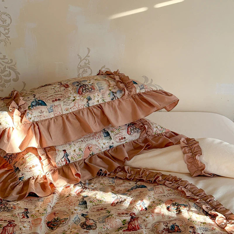 Afralia™ 100% Cotton French Print Lace Ruffles Bedding Set - 4 Piece Bed Sets