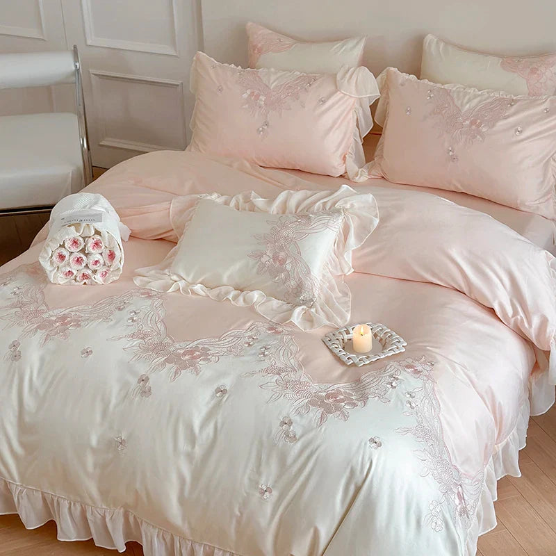 Afralia™ French Romantic Lace Ruffles Flowers Embroidery Bedding Set in Pink & Blue Cotton