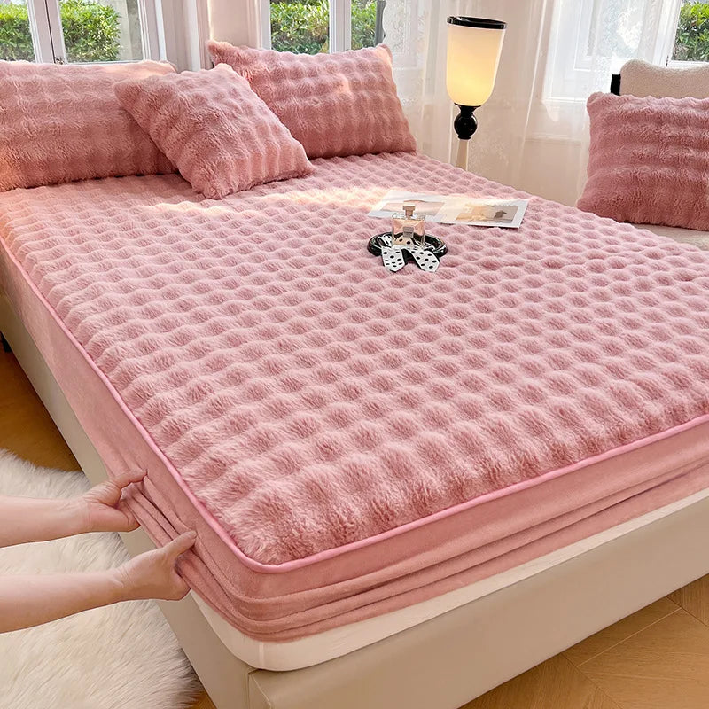 Afralia™ Faux Rabbit Plush Coral Fleece Fitted Sheet for Single Bed in Autumn/Winter