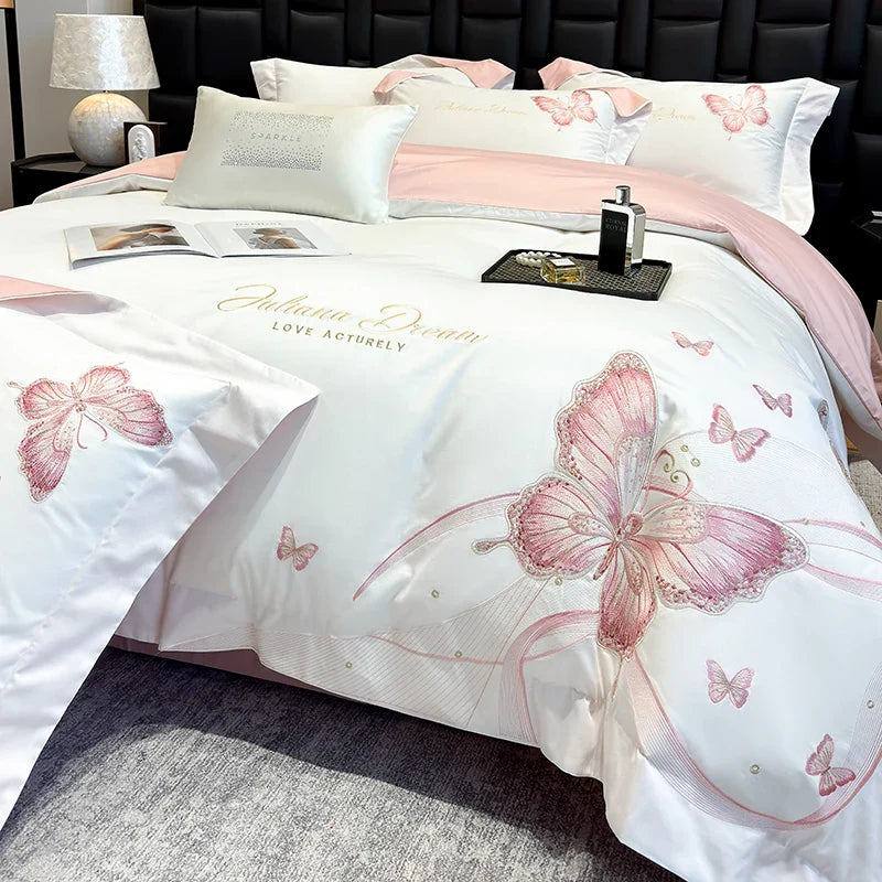 Afralia™ Butterfly Embroidery 100% Egyptian Cotton Bedding Set with Luxury Duvet Cover