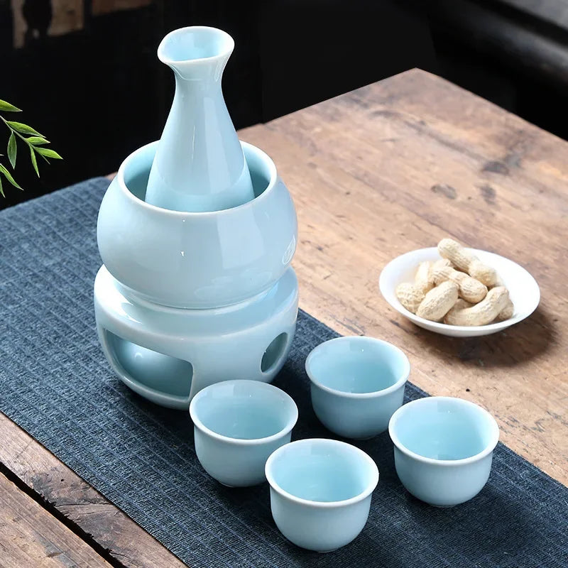 Afralia™ Sake Set: 7-Piece Ceramic Wine Kit with Carafe, Cups, Warmer, and Candle Warmer