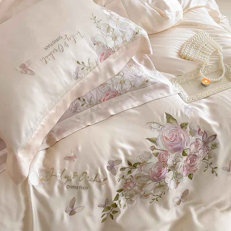 Afralia™ Butterfly Flowers Embroidery Bedding Set 800TC Soft Silky Duvet Cover Set