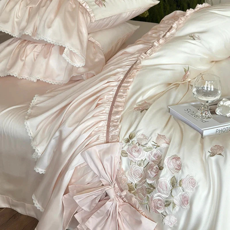 Afralia™ French Bow Ruffle Flower Embroidery Bedding Set - Luxury Lyocell Cotton