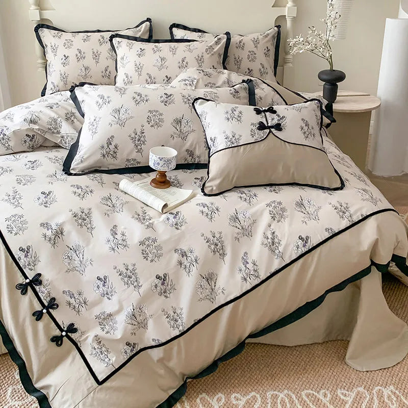 Afralia™ Floral Retro Pleated Cotton Bedding Set for Cozy Comfort and Style