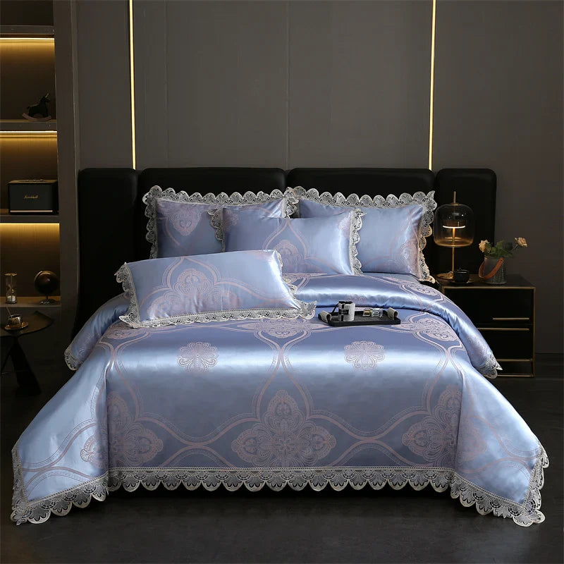 Afralia™ Golden Jacquard Cotton Lace Bedding Set - Silky Soft Duvet Cover, Flat Sheet, Pillowcase
