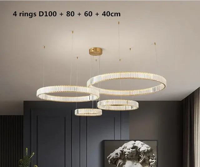 Afralia™ Crystal LED Chandelier Rings Pendant Lamp Luxury Villa Stair Decoration