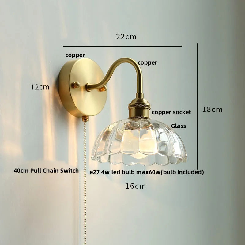 Afralia™ Crystal LED Wall Sconce Brass Mirror Light Modern Nordic Pull Chain Switch
