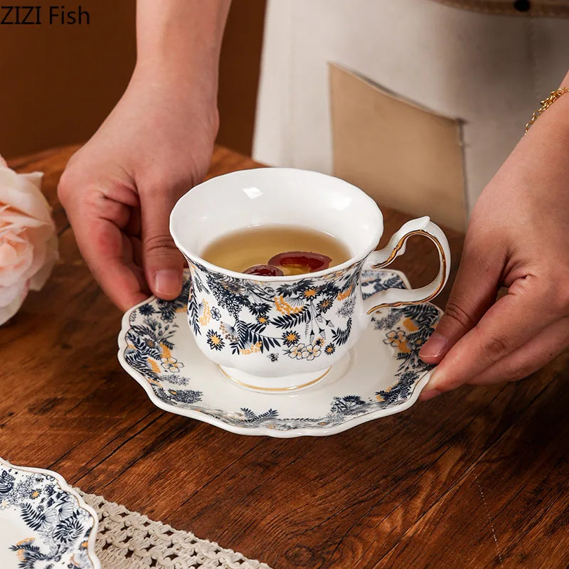 Afralia™ Blue & White Porcelain Classic Coffee Mug Set Gold Rim Tea Cup Saucer