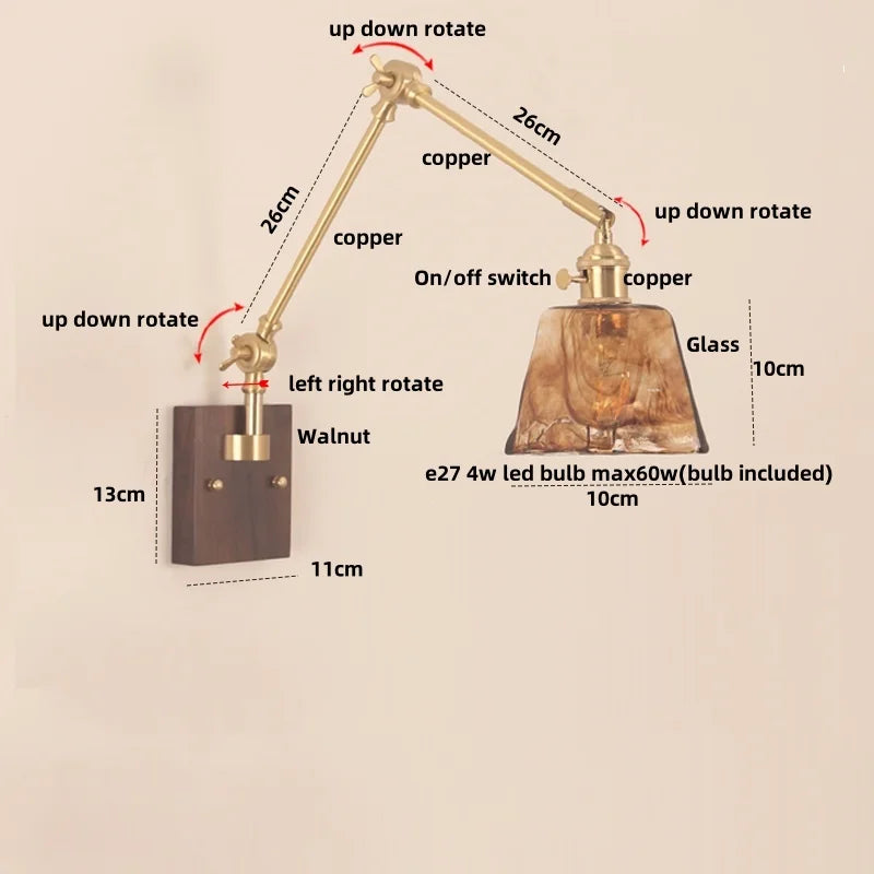 Afralia™ Cube Glass LED Wall Sconce Walnut Wood Rotatable Mirror Light