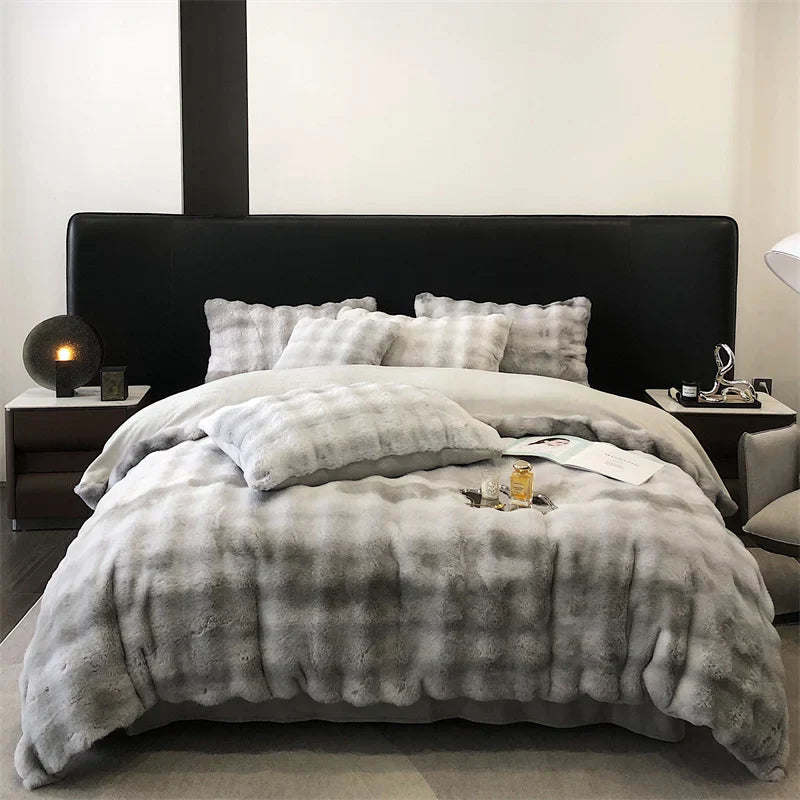 Afralia™ Faux Rabbit Fur Velvet Bedding Set, Plush Duvet Cover, Sheet, Pillowcases, Gradient Color