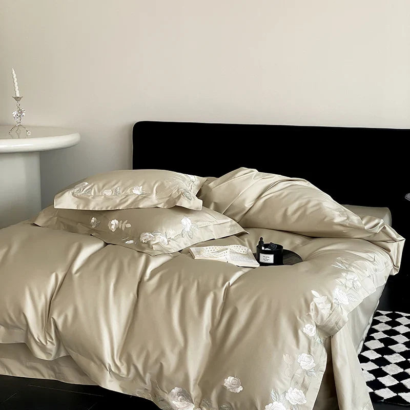 Afralia™ Luxury Rose Embroidery 1000TC Egyptian Cotton Bedding Set with Duvet, Sheet, Pillowcases