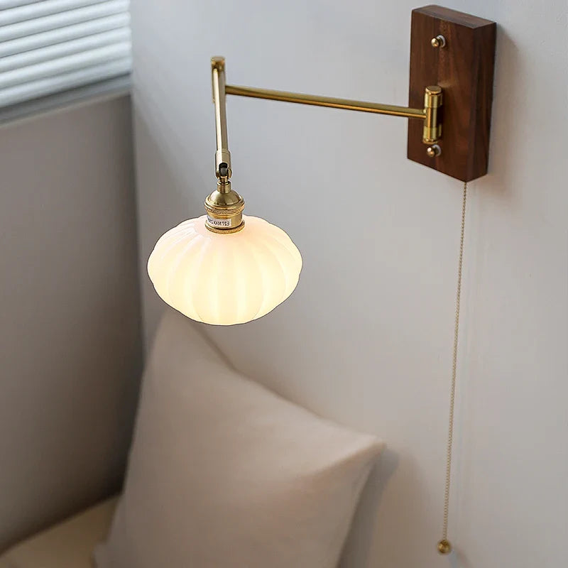 Afralia™ Wall Lamp Pull Chain Switch Ceremic LED Fixture with Walnut Wood Copper Arm