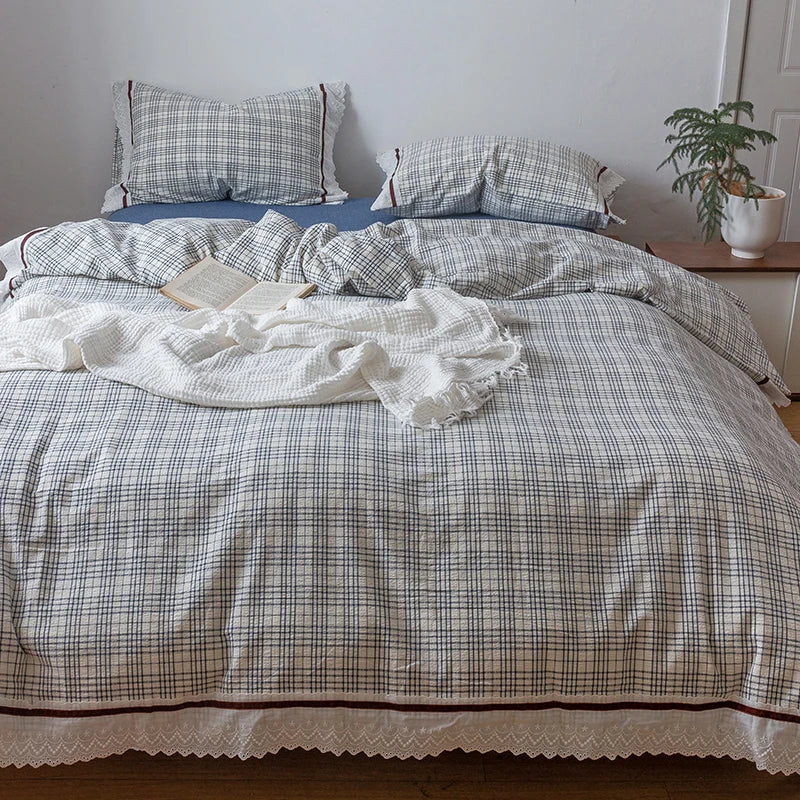 Afralia™ Korean Seersucker Lace Ruffles Bedding Set for Girls