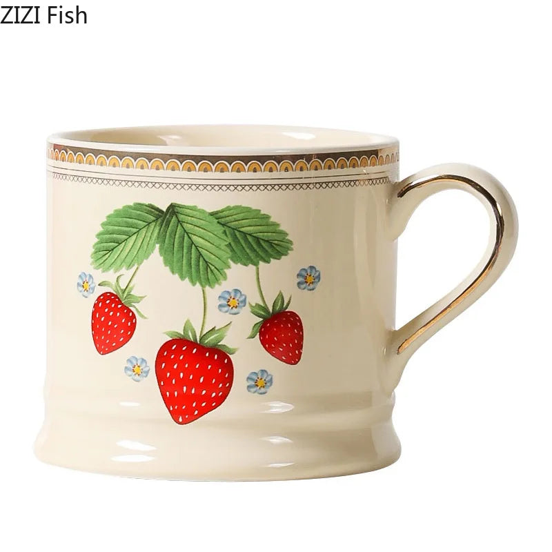 Afralia™ Strawberry Pattern Gilded Edge Porcelain Mug - Tea, Coffee, Juice Cup