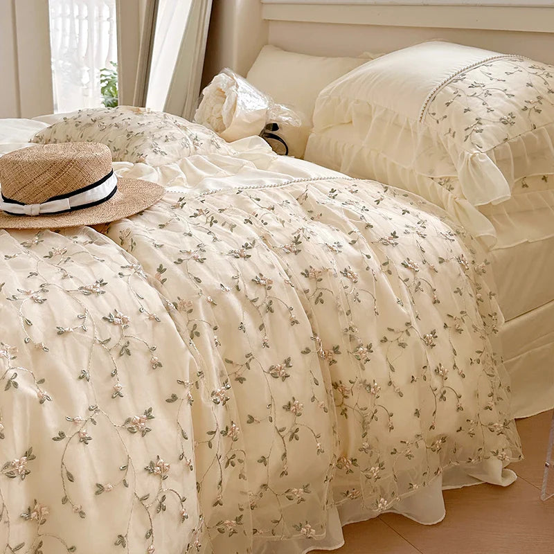 Afralia™ French Princess Floral Lace Ruffles Bedding Set with Imitation Pearls