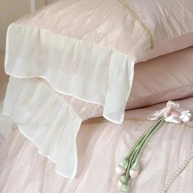 Afralia™ Princess 1000TC Egyptian Cotton Bedding Set with Handmade Flowers & Lace Ruffles