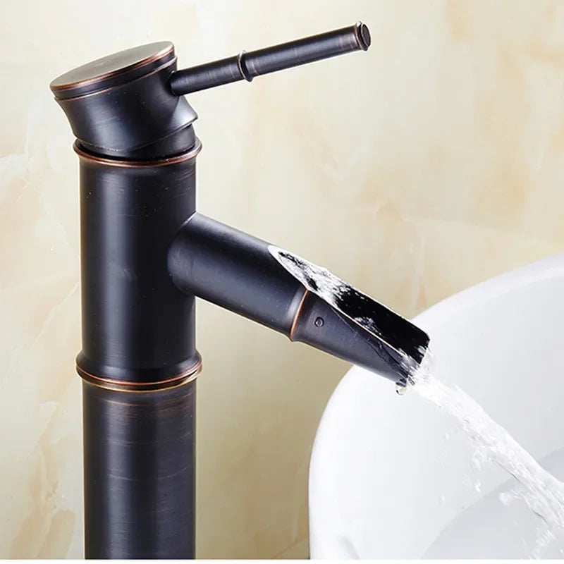 Afralia™ Black Bronze Waterfall Faucet Bamboo Bathroom Sink Tap High Arch Mixer