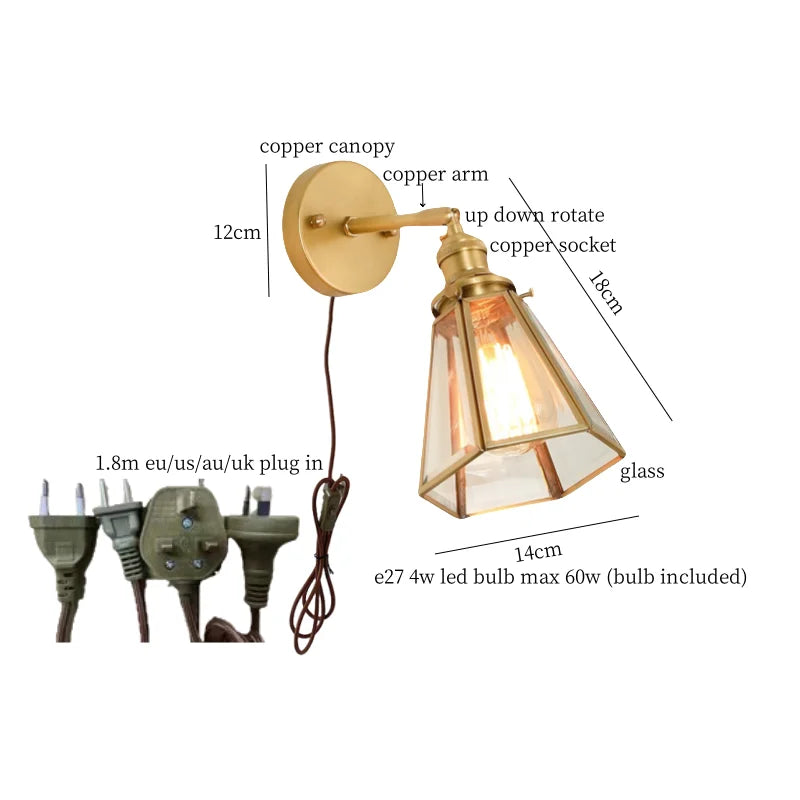 Afralia™ Hexagonal Glass LED Wall Lamp Vintage Copper Pull Chain Switch for Living Room