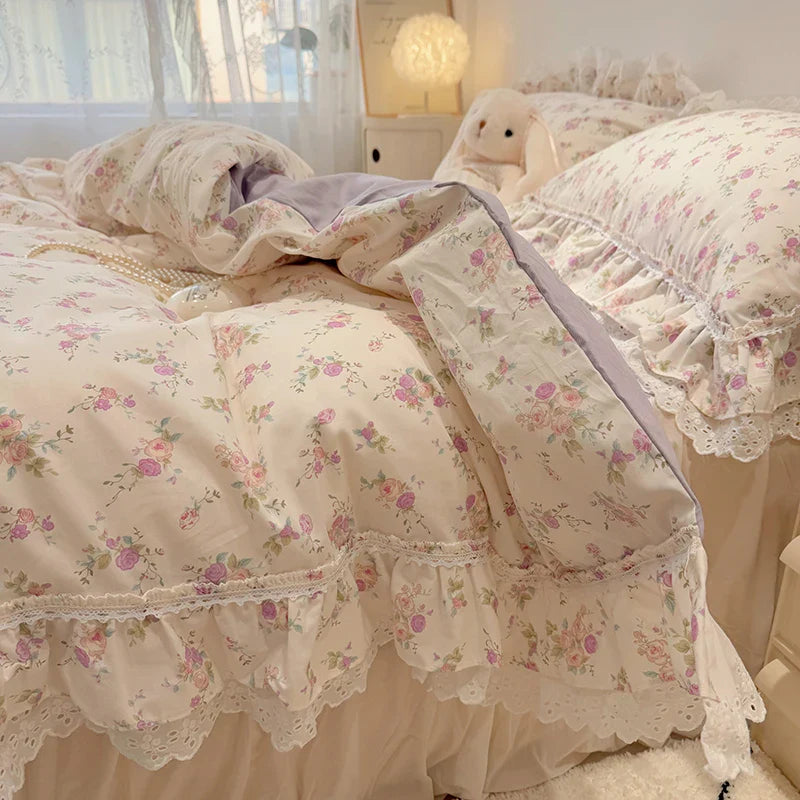 Afralia™ Korean Princess Style Floral Lace Ruffles Bedding Set with Pillowcase