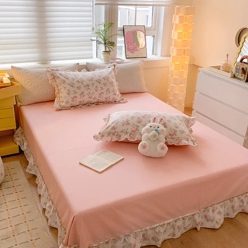 Afralia™ Floral Lace Ruffles Girl Bedding Set with Quilt/Duvet Cover, Sheet & Pillowcases