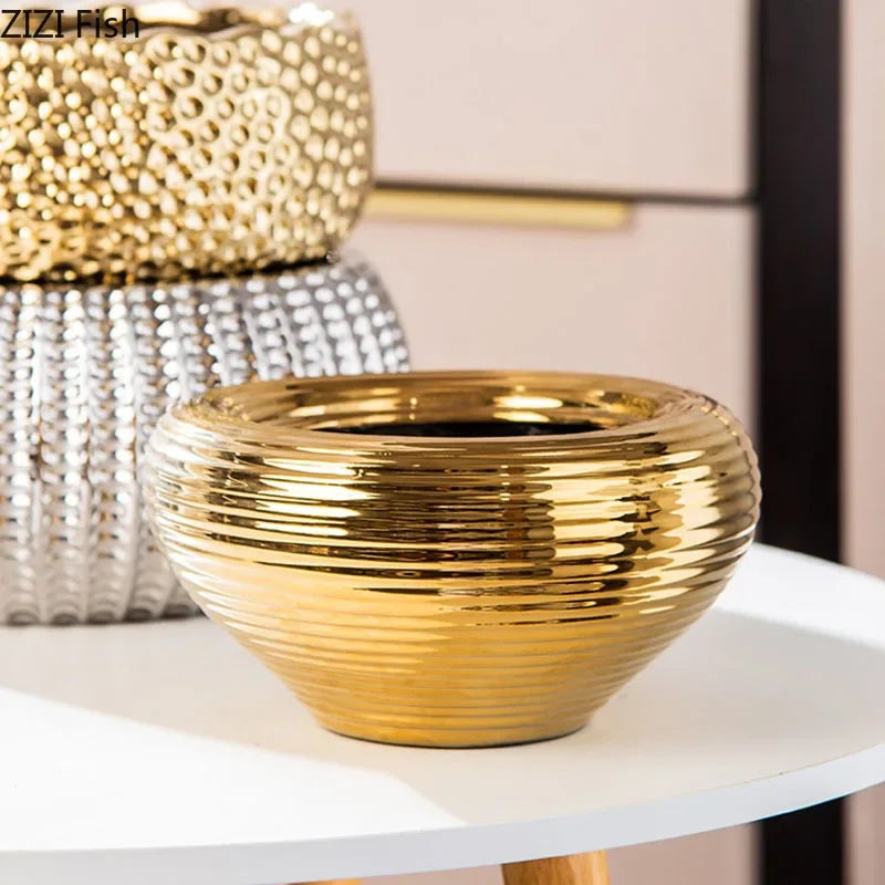 Afralia™ Ceramic Floral Vase Desk Decoration Golden/Silver Plated Artificial Flower Pot