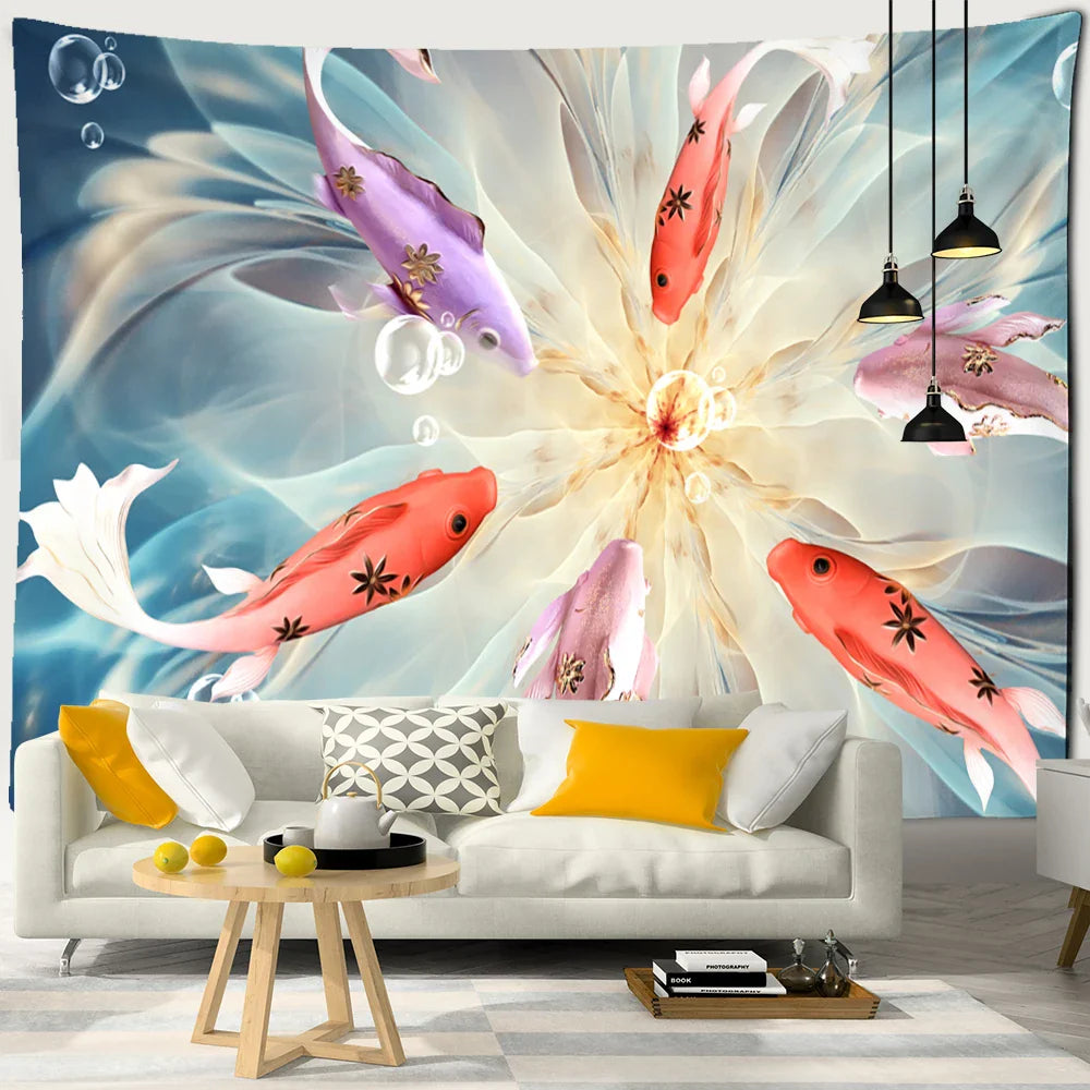 Afralia™ Ink Lotus Koi Tapestry: Boho Aesthetic Psychedelic Room Art Hippie Decor