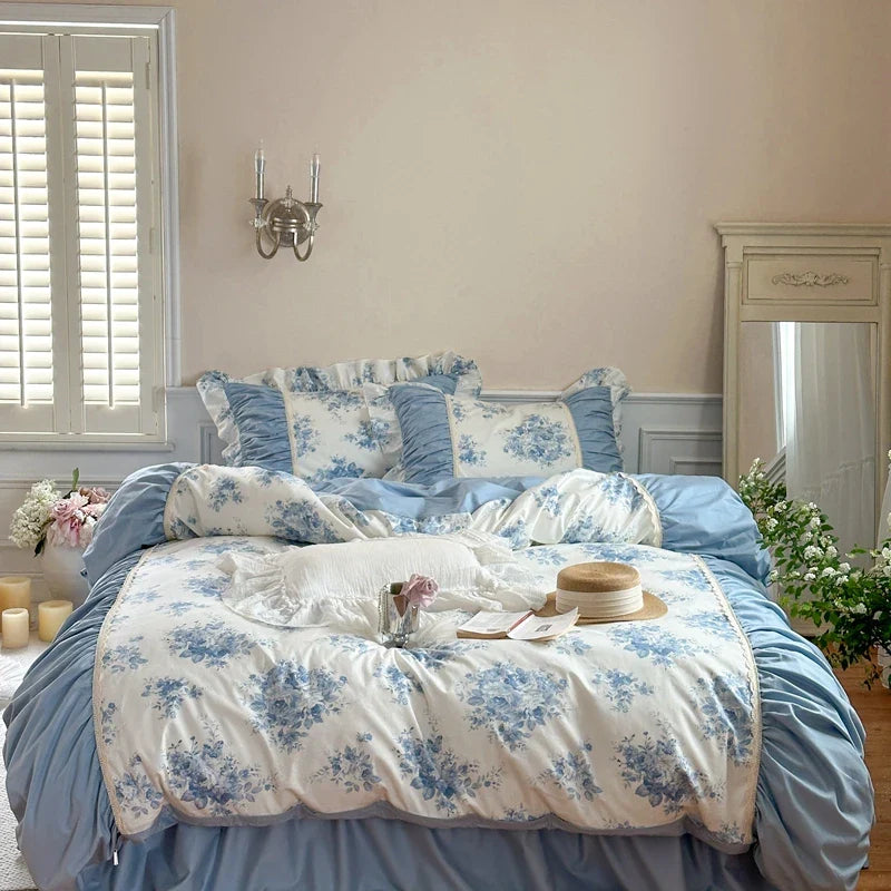 Afralia™ Korean Princess Style Floral Cotton Bedding Set with Ruffles