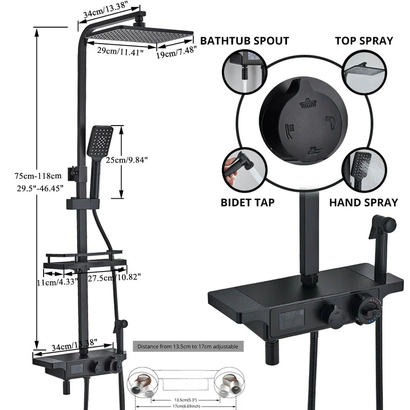 Afralia™ Thermostatic Shower Faucet with LED Display and Rainfall Head - Bathroom Mixer Set