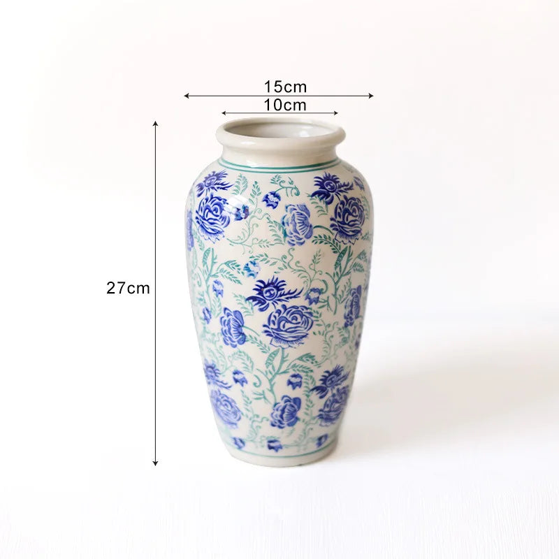 Afralia™ Blue White Porcelain Vase Vintage Ceramic Flower Home Decor Jar