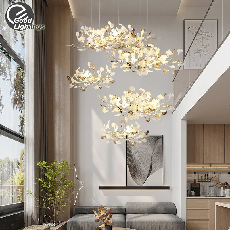 Afralia™ Ginkgo Leaves Chandelier: Nordic Luxury Pendant Lamp for Hotel, Stairs, Living Room