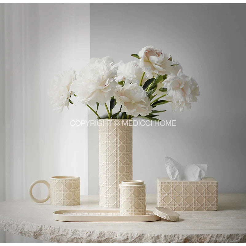 Afralia™ Rattan Pattern White Ceramic Vases - Modern Elegant Decorative Flower Vases