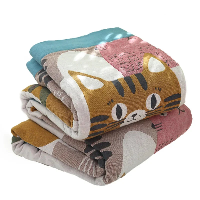 Afralia™ Kawaii Cat Cartoon Throw Blanket - Soft Double Cotton Quilt