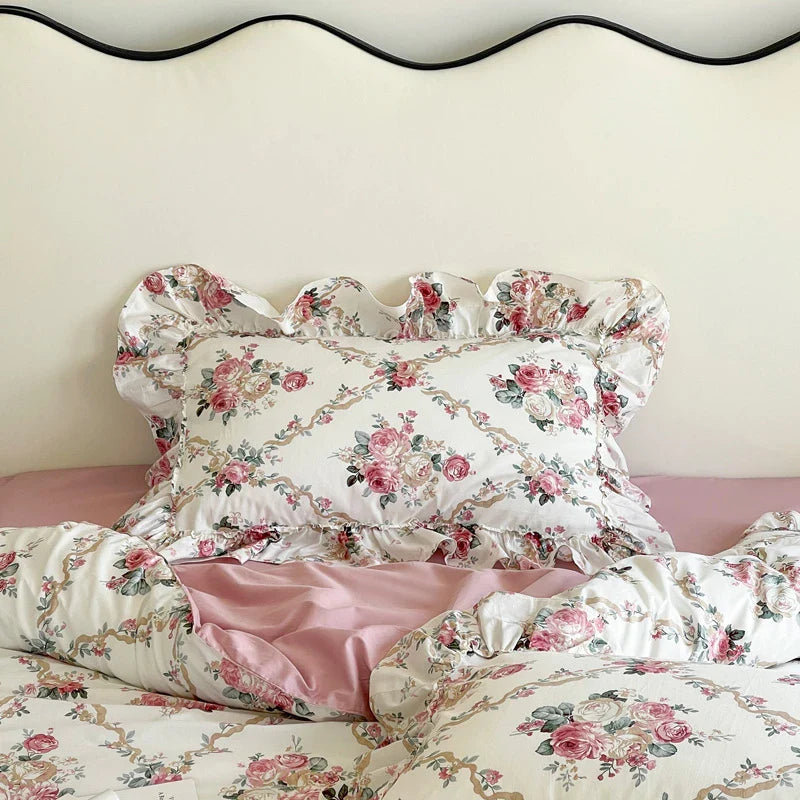 Afralia™ Vintage Rose Lace Ruffles Bedding Set - 100% Cotton French Style
