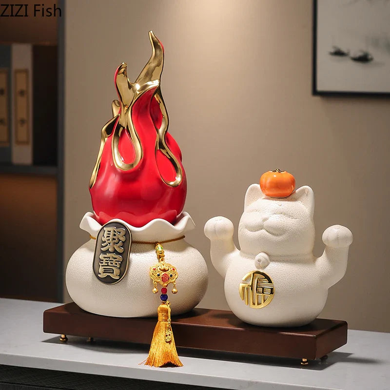 Afralia™ Gilded Pitaya Cat Ceramic Feng Shui Ornament Landscaping Decoration
