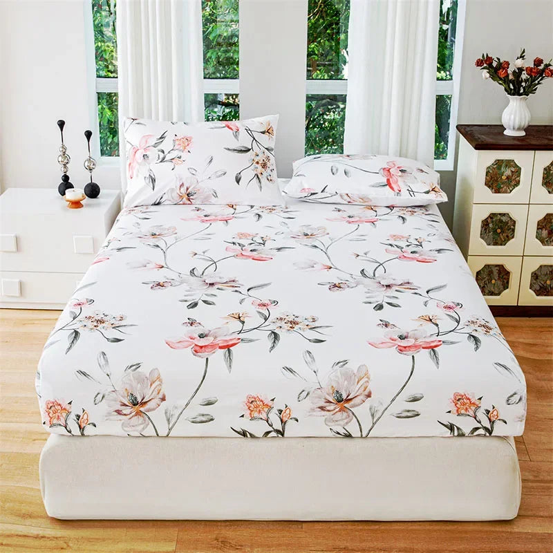 Floral Print Fitted Sheet & Pillowcase Set by Afralia™ for All Seasons
