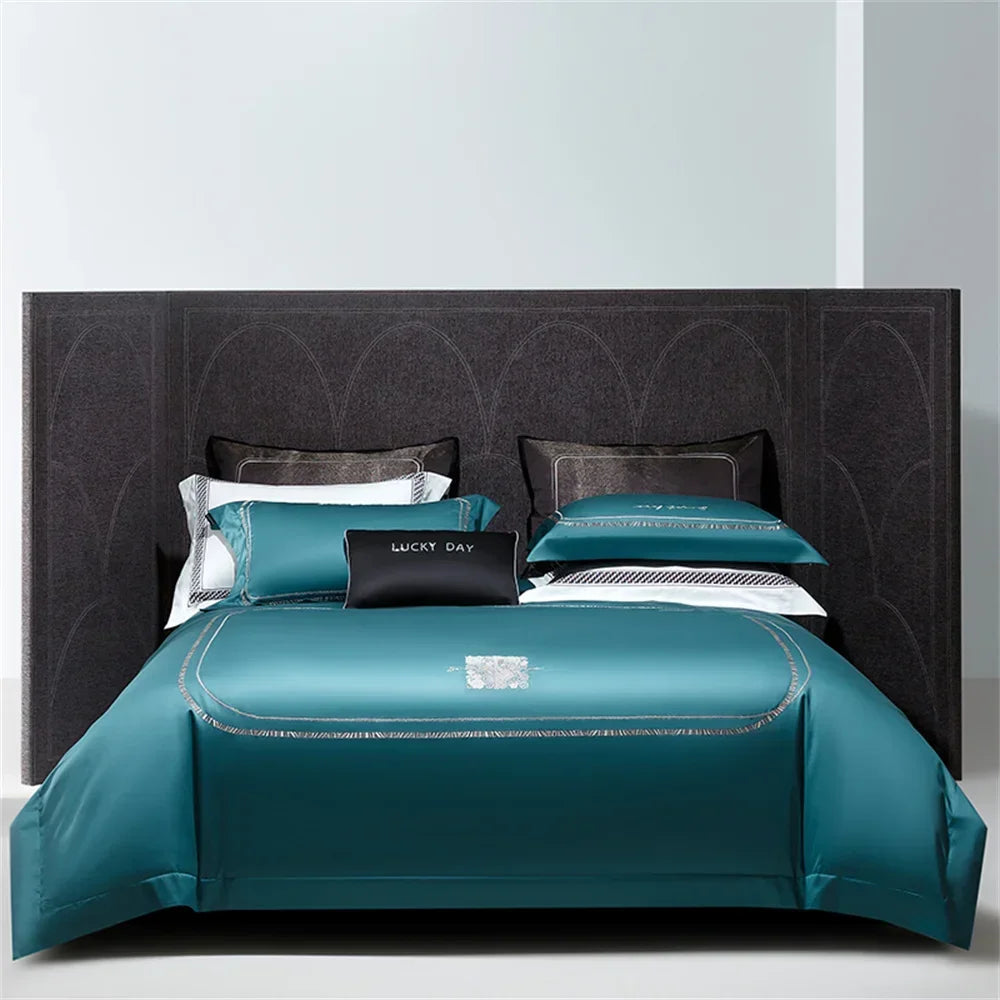 Afralia™ Cotton Satin Jacquard Embroidery Bedding Set with Elastic Sheet & Duvet Cover