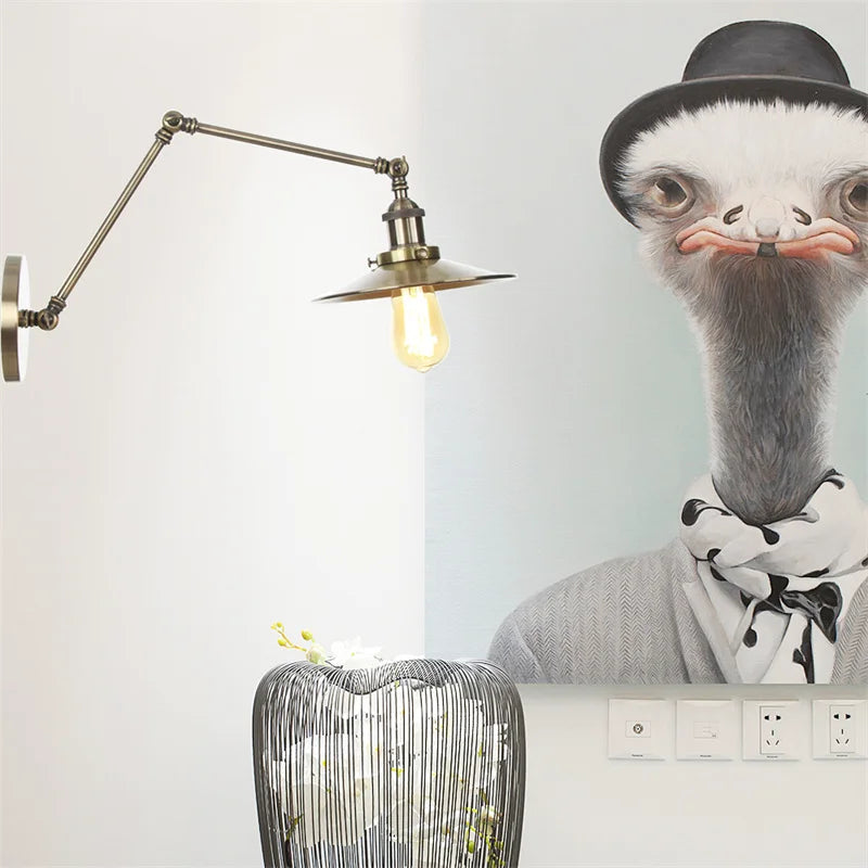 Afralia™ Vintage Industrial Long Arm Adjustable LED Wall Sconce Pull Chain Switch Bedside Lamp