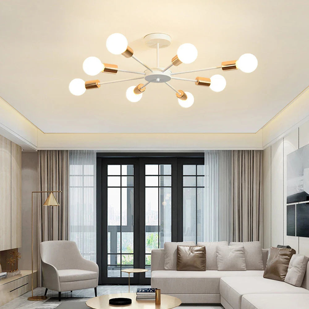 Afralia™ Industrial Rod Iron Wood Sputnik Chandelier Ceiling Lamp LED E27 Home Lighting