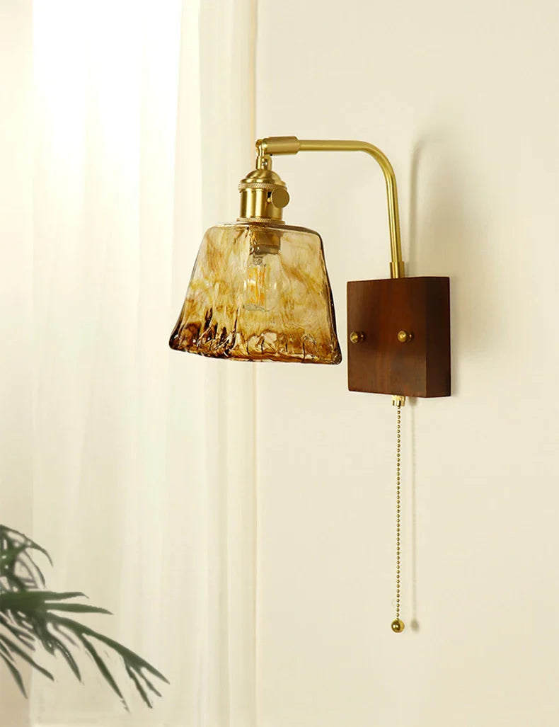 Afralia™ Wooden Brass Glass Wall Lamp Modern Bedroom Bedside Light